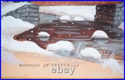 Vintage Golda Clara Shepherd Folk Art Painting Snowy Covered Bridge, Lovely