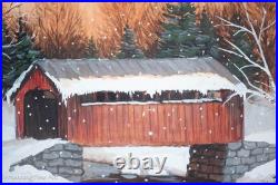 Vintage Golda Clara Shepherd Folk Art Painting Snowy Covered Bridge, Lovely