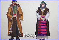Vintage Gouache Painting Figures Folk costumes