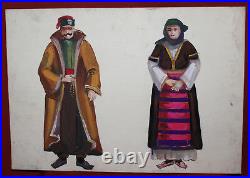 Vintage Gouache Painting Figures Folk costumes