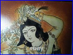 Vintage HANDMADE Framed PERSIAN QAJAR LEATHER PAINTED WALL FOLK ART 9x 11.5 In
