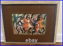Vintage Haitian Art Signed Original Watercolor Haiti C. Andre Native Dance Party