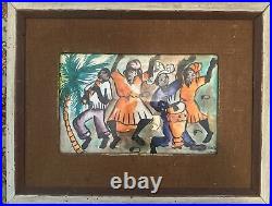 Vintage Haitian Art Signed Original Watercolor Haiti C. Andre Native Dance Party