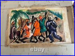 Vintage Haitian Art Signed Original Watercolor Haiti C. Andre Native Dance Party