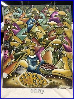 Vintage Haitian Artist Signed Villava Haiti Original Ethnic Folk Art Painting