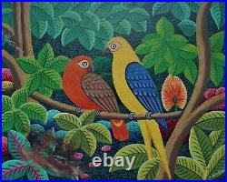 Vintage Haitian Folk Art Naif BIJOUX Painting D. DUCLAIR Haiti forest birds 8x10