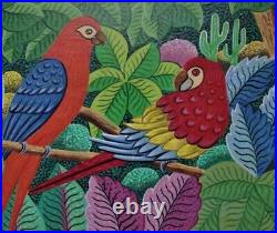 Vintage Haitian Folk Art Naif BIJOUX Painting D. DUCLAIR Haiti forest birds 8x10