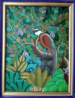 Vintage Haitian Folk Art Naif BIJOUX Painting Patrick Joseph Haiti BIRDS 9x12