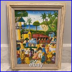 Vintage Haitian Folk Art Painting M. E. Canneus 1960s Tap Tap Bus Market Scene