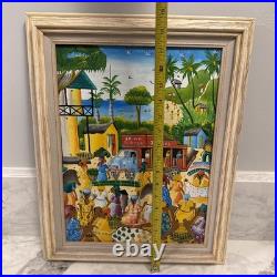 Vintage Haitian Folk Art Painting M. E. Canneus 1960s Tap Tap Bus Market Scene