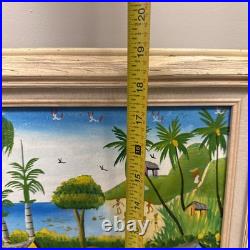 Vintage Haitian Folk Art Painting M. E. Canneus 1960s Tap Tap Bus Market Scene
