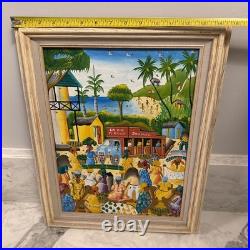 Vintage Haitian Folk Art Painting M. E. Canneus 1960s Tap Tap Bus Market Scene