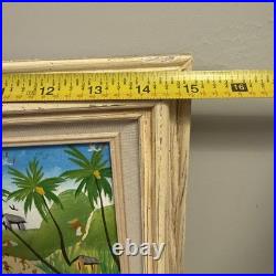 Vintage Haitian Folk Art Painting M. E. Canneus 1960s Tap Tap Bus Market Scene