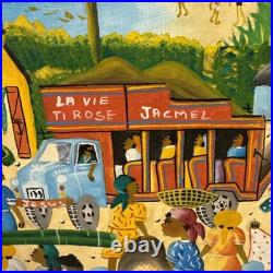 Vintage Haitian Folk Art Painting M. E. Canneus 1960s Tap Tap Bus Market Scene
