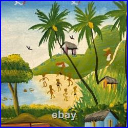 Vintage Haitian Folk Art Painting M. E. Canneus 1960s Tap Tap Bus Market Scene