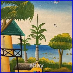 Vintage Haitian Folk Art Painting M. E. Canneus 1960s Tap Tap Bus Market Scene