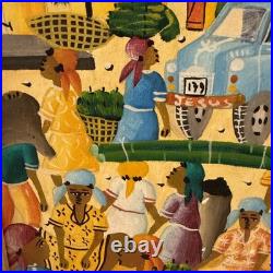 Vintage Haitian Folk Art Painting M. E. Canneus 1960s Tap Tap Bus Market Scene