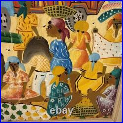 Vintage Haitian Folk Art Painting M. E. Canneus 1960s Tap Tap Bus Market Scene