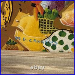 Vintage Haitian Folk Art Painting M. E. Canneus 1960s Tap Tap Bus Market Scene