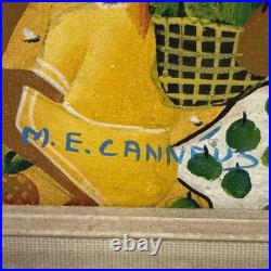 Vintage Haitian Folk Art Painting M. E. Canneus 1960s Tap Tap Bus Market Scene
