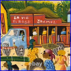 Vintage Haitian Folk Art Painting M. E. Canneus 1960s Tap Tap Bus Market Scene