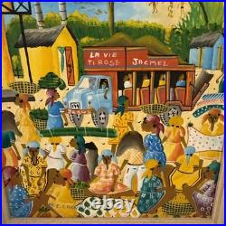 Vintage Haitian Folk Art Painting M. E. Canneus 1960s Tap Tap Bus Market Scene