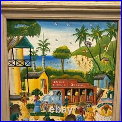 Vintage Haitian Folk Art Painting M. E. Canneus 1960s Tap Tap Bus Market Scene