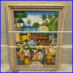 Vintage Haitian Folk Art Painting M. E. Canneus 1960s Tap Tap Bus Market Scene