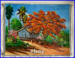 Vintage Haitian Painting Magnificent Flamboyant Tree Chickens Black Folk Art