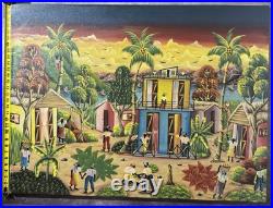 Vintage Haitian Village Scene Painting Folk Art Style 30x40 in Signed