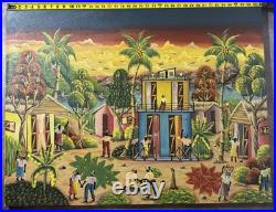 Vintage Haitian Village Scene Painting Folk Art Style 30x40 in Signed