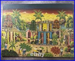Vintage Haitian Village Scene Painting Folk Art Style 30x40 in Signed
