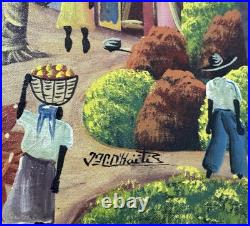 Vintage Haitian Village Scene Painting Folk Art Style 30x40 in Signed