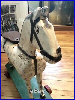 Vintage Hand Carved Folk Art Horse on Wheels Original Paint