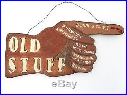 Vintage Hand Carved Painted Advertising Sign Finger Hand Antiques Folk Art Wood