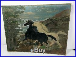 Vintage Hand Painted Horse Painting Western Primitive Folk Art Wood Horses Hills