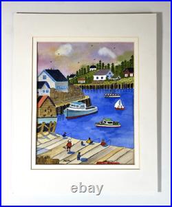 Vintage Hilda Kaihlanen Cape Ann, Mass. Marina Watercolor Painting Folk Art