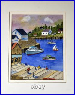 Vintage Hilda Kaihlanen Cape Ann, Mass. Marina Watercolor Painting Folk Art