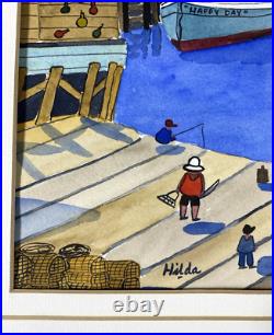 Vintage Hilda Kaihlanen Cape Ann, Mass. Marina Watercolor Painting Folk Art