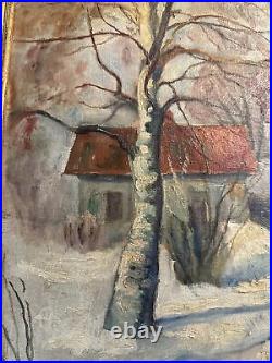 Vintage Impressionist Folk Art Oil Painting Village Country Winter Scene