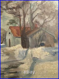 Vintage Impressionist Folk Art Oil Painting Village Country Winter Scene