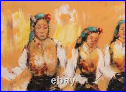 Vintage Impressionist oil painting females portrait folk dancers signed
