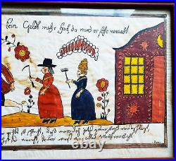 Vintage JOAN RAAB Original SIGNED Pennsylvania Fraktur FOLK ART WATERCOLOR Frame