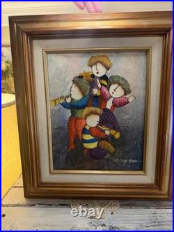 Vintage J. Roybal Signed Framed Hand-Painted Folk Art Canvas Musical Children