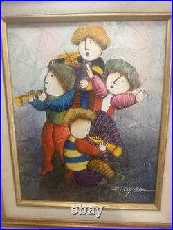 Vintage J. Roybal Signed Framed Hand-Painted Folk Art Canvas Musical Children