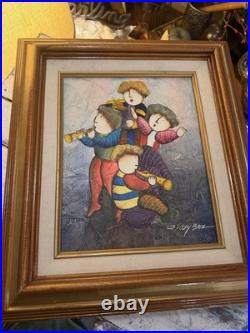 Vintage J. Roybal Signed Framed Hand-Painted Folk Art Canvas Musical Children