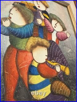 Vintage J. Roybal Signed Framed Hand-Painted Folk Art Canvas Musical Children
