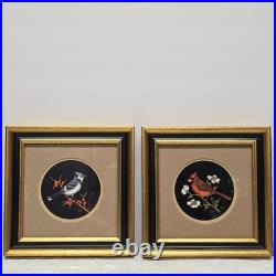 Vintage Jeanne Reifel Birds Flowers Scratchboard Small Art Painting Folk Art
