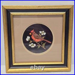 Vintage Jeanne Reifel Birds Flowers Scratchboard Small Art Painting Folk Art