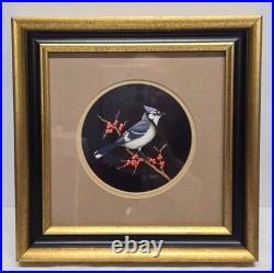 Vintage Jeanne Reifel Birds Flowers Scratchboard Small Art Painting Folk Art